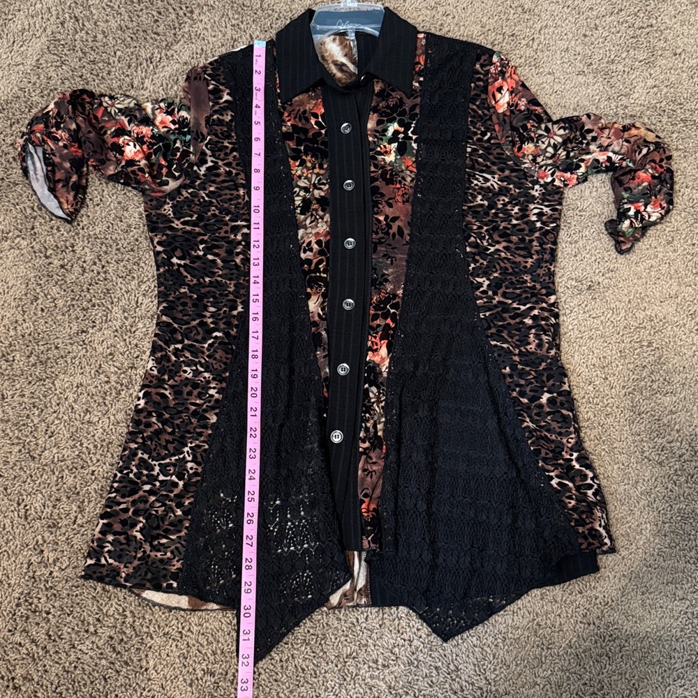 CALESSA Women’s- Sz L - BLACK ASYMMETRICAL BUTTON TOP w/COLLAR-ROLLABLE SLEEVES - Picture 6 of 14